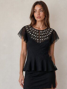 Bebe Embellished Mesh Peplum Top NWT XXS Black Glam Blouse